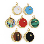 Brass Micro Pave Clear Cubic Zirconia Pendants, with Shell & Synthetic Stone & Acrylic and Jump Ring, Real 16K Gold Plated, Flat Round with Star, Nickel Free, Mixed Color, 21x18x3mm, Jump Ring: 5x1mm, 3mm inner diameter(KK-N227-63-NF)