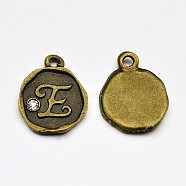 Antique Bronze Plated Alloy Rhinestone Charms, Flat Round with Letter.E, Nickel Free, 13x10x1.5mm, Hole: 1mm(ALRI-J152-E-NF)