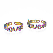 Ion Plating(IP) Rainbow Color 304 Stainless Steel Word Love Open Cuff Ring for Women, US Size 6 3/4(17.1mm)(RJEW-S405-262M)