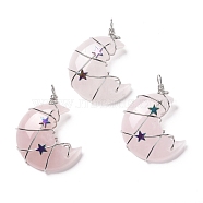 Natural Rose Quartz Pendants, with Platinum Tone Brass Wire Wrapped and Hematite Star Beads, Cadmium Free & Lead Free, Moon, 45.5~47x32.5~33.5x11~12mm, Hole: 5mm(G-B023-01P-03)