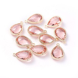 Glass Pendants, with Eco-Friendly Alloy Open Back Berzel Findings, Faceted, teardrop, Light Gold, Misty Rose, 18x12x5mm, Hole: 1.4mm(GLAA-A037-G-08KC)