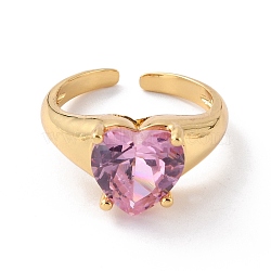 Heart Pink Cubic Zirconia Cuff Ring for Valentine's Day, Adjustable Solitaire Ring, Cadmium Free & Lead Free, Real 18K Gold Plated, US Size 7 1/4(17.5mm)(RJEW-C017-08G-RS)