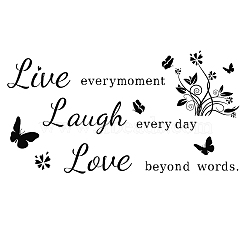 PVC Quotes Wall Sticker, for Stairway Home Decoration, Butterfly Pattern with Word Live Everymoment Laugh Every Day Love Beyond Words, Black, 24x43cm(DIY-WH0200-016)