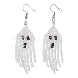 MIYUKI Round Rocailles Beaded Ghost Dangle Earrings, 316 Surgical Stainless Steel Tassel Earrings for Halloween, White, 77mm, Pin: 0.7mm(EJEW-TA00234)