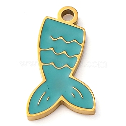 304 Stainless Steel Enamel Pendants, Mermaid Fishtail Charm, Golden, Ion Plating(IP), Light Sea Green, 16x9x1.5mm, Hole: 1.5mm(STAS-M105-01G)