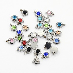 304 Stainless Steel Rhinestone Charm Pendants, Grade A, Faceted, Mixed, Mixed Color, 9x6~8x3~4mm, Hole: 1mm(RB-M030-M)