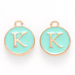 Golden Plated Alloy Enamel Charms, Cadmium Free & Lead Free, Enamelled Sequins, Flat Round with Letter, Turquoise, Letter.K, 14x12x2mm, Hole: 1.5mm(ENAM-S118-05K)