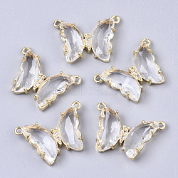 Glass Pendants, with  Micro Pave Cubic Zirconia and Brass Open Back Settings, Faceted, Butterfly, Golden, Clear, 16.5x23.5x5.5mm, Hole: 1.2mm(X-GLAA-T020-01F)