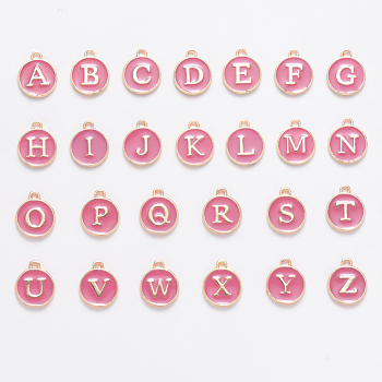 Initial Letter A~Z Alphabet Enamel Charms, Flat Round Disc Double Sided Charms, Flamingo, 14x12x2mm, Hole: 1.5mm, 26pcs/set