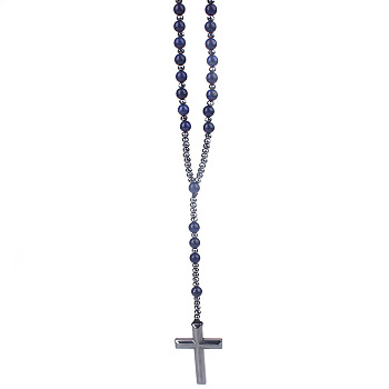 Natural Lapis Lazuli Rosary Bead Necklace, Synthetic Hematite Cross Pendant Necklace, 27.56 inch(70cm)