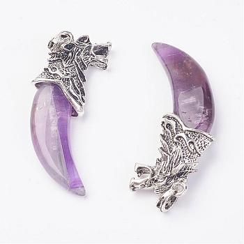 Natural Amethyst Big Pendants, with Alloy Findings, Tusk Shape, Antique Silver, 58x19x9mm, Hole: 4x5mm