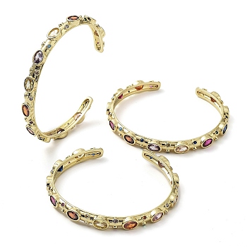 Rack Plating Brass Pave Colorful Cubic Zirconia Open Cuff Bangles for Women, Long-Lasting Plated, Lead Free & Cadmium Free, Real 18K Gold Plated, Inner Diameter: 2-1/2x2-1/4 inch(6.2x5.8cm)