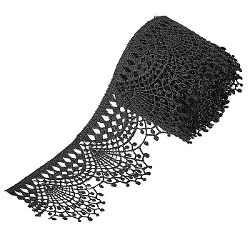 Polyester Lace Ribbons, Shell Shaped Edge Lace Trim, for Clothing Sewing, Black, 2-1/2 inch(65mm), about 4.21~4.32 yards/card