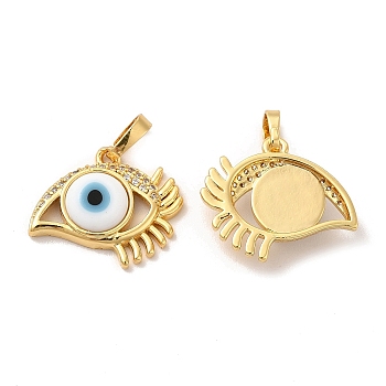 Rack Plating Brass Micro Pave Clear Cubic Zirconia Pendants, with Handmade Evil Eye Lampwork, Cadmium Free & Lead Free, Long-Lasting Real 18K Gold Plated, Eye Charm, White, 17x19.5x5mm, Hole: 6x3mm