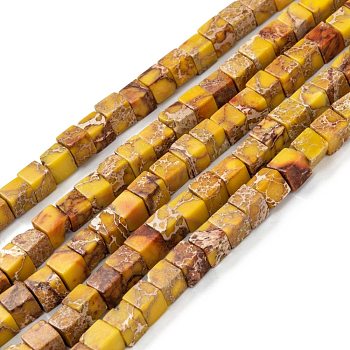 Natural Imperial Jasper Beads Strands, Dyed, Cube, Dark Goldenrod, 7x7x7mm, Hole: 1.2mm, about 59~60pcs/strand, 15.1~15.3 inch(38.5~39cm)
