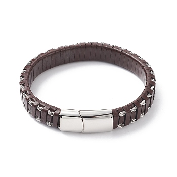 Leather Braided Cord Bracelets, 304 Stainless Steel Magnetic Clasp, Rectangle, Stainless Steel Color, Coconut Brown, 8-5/8 inch(22cm), 12x6mm