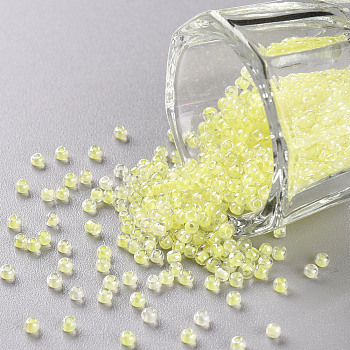 11/0 Grade A Transparent Glass Seed Beads, Inside Color, Luster Plated, Round, Green Yellow, 2.3x1.5mm, Hole: 1mm, about 5300pcs/50g