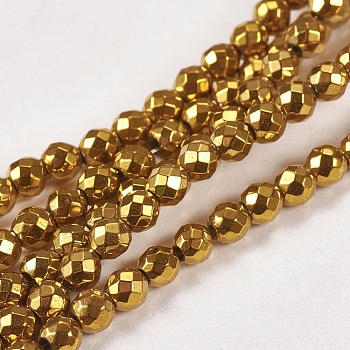 Electroplate Non-magnetic Synthetic Hematite Beads Strands, Faceted, Round, Grade A, Golden Plated, 3mm, Hole: 1mm, about 127pcs/strand, 16 inch