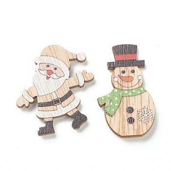 Christmas Theme Wood Pendant Decorations, with Self Adhesive Dots, Santa Claus & Snowman, Colorful, 41~45x26~38x4mm, 12pcs/box