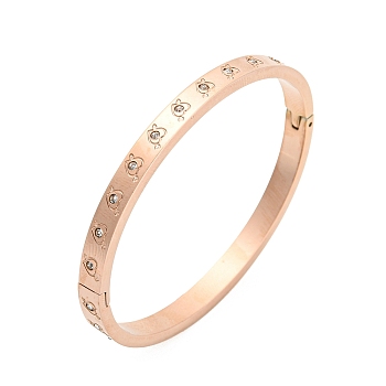 Ion Plating(IP) 304 Stainless Steel Bangle with Rhinestone, Heart, Rose Gold, Inner Diameter: 2-1/8x1-3/4 inch(5.3x4.45cm)