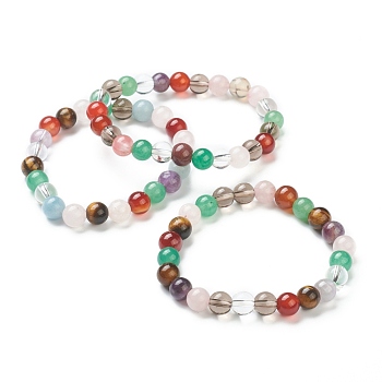 Natural Mixed Wealth Stone Beaded Stretch Bracelets, Round, Beads: 8~8.5mm, Inner Diameter: 2-1/8 inch(5.5cm)