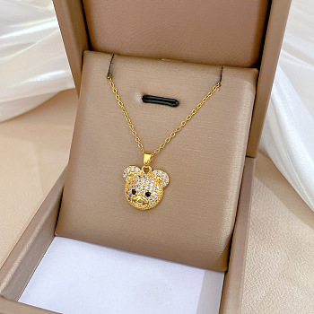 Brass with Rhinestone Bear Pendant Necklaces, with 201 Stainless Steel Chains, Bear, 18.15 inch(46.1cm)