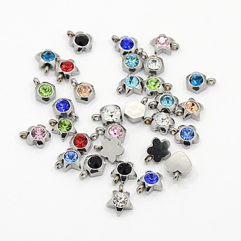 201 Stainless Steel Rhinestone Charm Pendants, Grade A, Faceted, Mixed, Mixed Color, 9x6~8x3~4mm, Hole: 1mm