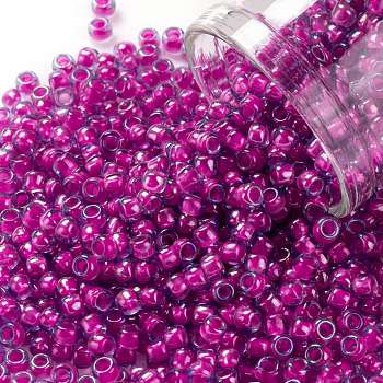 TOHO Round Seed Beads, Japanese Seed Beads, (980) Luminous Light Sapphire/Neon Pink Lined, 8/0, 3mm, Hole: 1mm, about 1110pcs/50g