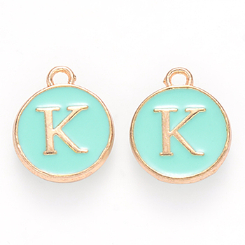 Golden Plated Alloy Enamel Charms, Cadmium Free & Lead Free, Enamelled Sequins, Flat Round with Letter, Turquoise, Letter.K, 14x12x2mm, Hole: 1.5mm