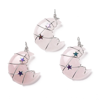 Natural Rose Quartz Pendants, with Platinum Tone Brass Wire Wrapped and Hematite Star Beads, Cadmium Free & Lead Free, Moon, 45.5~47x32.5~33.5x11~12mm, Hole: 5mm