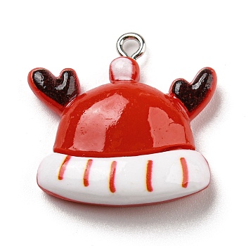 Opaque Resin Pendants, Christmas Charms with Platinum Plated Iron Loops, Hat, 23x24x8mm, Hole: 2mm