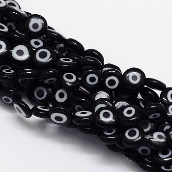 Handmade Evil Eye Lampwork Flat Round Bead Strands, Black, 6x3mm, Hole: 1mm, about 65pcs/strand, 14 inch