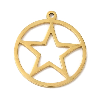 Vacuum Plating 201 Stainless Steel Pendants, Laser Cut, Ring with Star Charm, Real 18K Gold Plated, 22x19.8x1mm, Hole: 1.2mm
