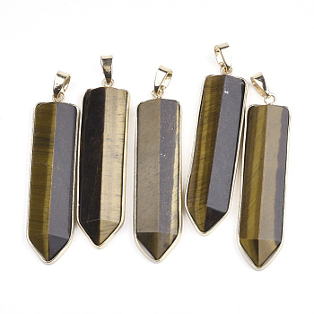 Natural Tiger Eye Big Pendants, with Brass Findings, Sword, Golden, 56~57x15~16x6.5~7.5mm, Hole: 7.5x4.5mm