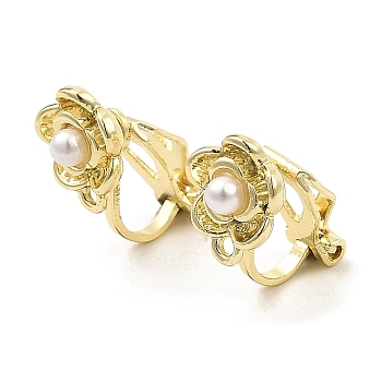 Alloy Clip-on Earring Findings, with Horizontal Loops & Imitation Pearl, for Non-pierced Ears, Flower, Golden, 17x8.5x13.5mm, Hole: 1mm