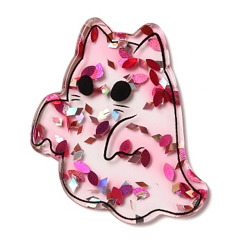 Halloween Double Side Transparent Acrylic Pendants, with Paillette, Cerise, Ghost, 47.5x41x2mm, Hole: 1.8mm