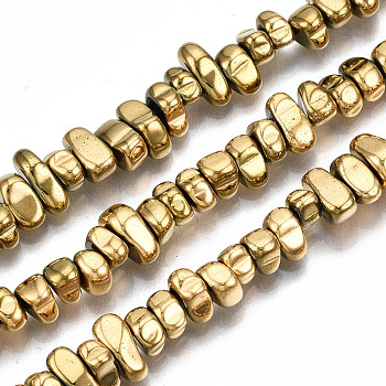 Electroplate Non-magnetic Synthetic Hematite Beads Strands, Nuggets, Real 18K Gold Plated, 5.5~10.5x4~6x3~4.5mm, Hole: 0.8mm, about 103~114pcs/strand, 14.96 inch~15.75 inch(38cm~40cm)