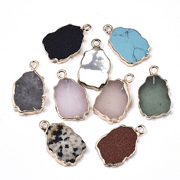Natural & Synthetic Mixed Gemstone Pendants, with Light Gold Plated Edge and Iron Loop, Nuggets, 19~21x12x3mm, Hole: 1.6mm