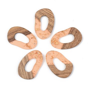 Transparent Resin & Walnut Wood Pendants, with Gold Foil, Teardrop, Dark Salmon, 38x23.5x3mm, Hole: 2mm