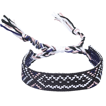 Polyester-cotton Braided Rhombus Pattern Cord Bracelet, Ethnic Tribal Adjustable Brazilian Bracelet for Women, Black, 5-7/8~11 inch(15~28cm)