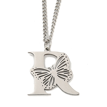 201 Stainless Steel Necklaces, Letter R, 23.74 inch(60.3cm) p: 29x29.5x1.3mm