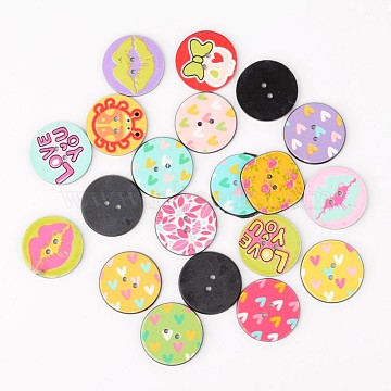 2-Hole Mixed Shape Printed Acrylic Buttons, Mixed Color, 24~25x24~25x2mm, Hole: 2mm(BUTT-K003-01M)