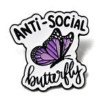 Butterfly with Word Enamel Pins, Alloy Lapel Pin Backs for Backpack Clothes, Black, Purple, 35x35mm(JEWB-L026-10EB-02)
