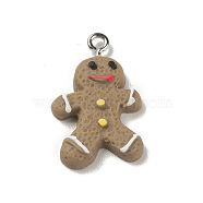 Christmas Opaque Resin Pendants, Gingerbread Man Charms, with Platinum Plated Iron Loops, Camel, 25.5x16x4mm, Hole: 2mm(RESI-K023-01C)