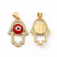 Rack Plating Brass Micro Pave Clear Cubic Zirconia Pendants, with Handmade Evil Eye Lampwork, Cadmium Free & Lead Free, Long-Lasting Real 18K Gold Plated, Hamsa Hand Charm, Red, 25.5x17x4mm, Hole: 5.5x3.5mm(LAMP-A153-06G-09)