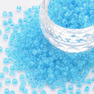 8/0 Transparent Glass Seed Beads, Round Hole, Frosted Inside Colours, Round, Deep Sky Blue, 3~4x2~3mm, Hole: 0.8mm, about 15000pcs/Pound(SEED-S048-P-004)