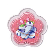 Transparent Printed Acrylic Pendants, Flower, Blueberry, 37x38x2.5mm, Hole: 2mm(OACR-M007-04F)