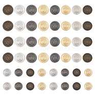48Pcs 12 Styles Retro Style Brass Buttons, 1-Hole, Flat Round with Badge Pattern, Badge, 15~25x9~10mm, Hole: 1.5~2.4mm and 2.5~4mm, 4pcs/style(BUTT-FG0001-11A)