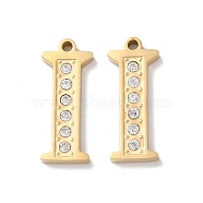 Real 14K Gold Plated 304 Stainless Steel Pendants, with Rhinestone, Letter I, 18x7.5x2mm, Hole: 1.2mm(STAS-L022-157G-I)