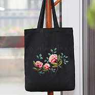 DIY Peony Pattern Tote Bag Embroidery Kit, including Embroidery Needles & Thread, Cotton Fabric, Plastic Embroidery Hoop, Black, 390x340mm(PW22121380890)